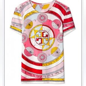 Tory Burch Compass Print T Shirt S Pinks Red 100 % cotton vguc